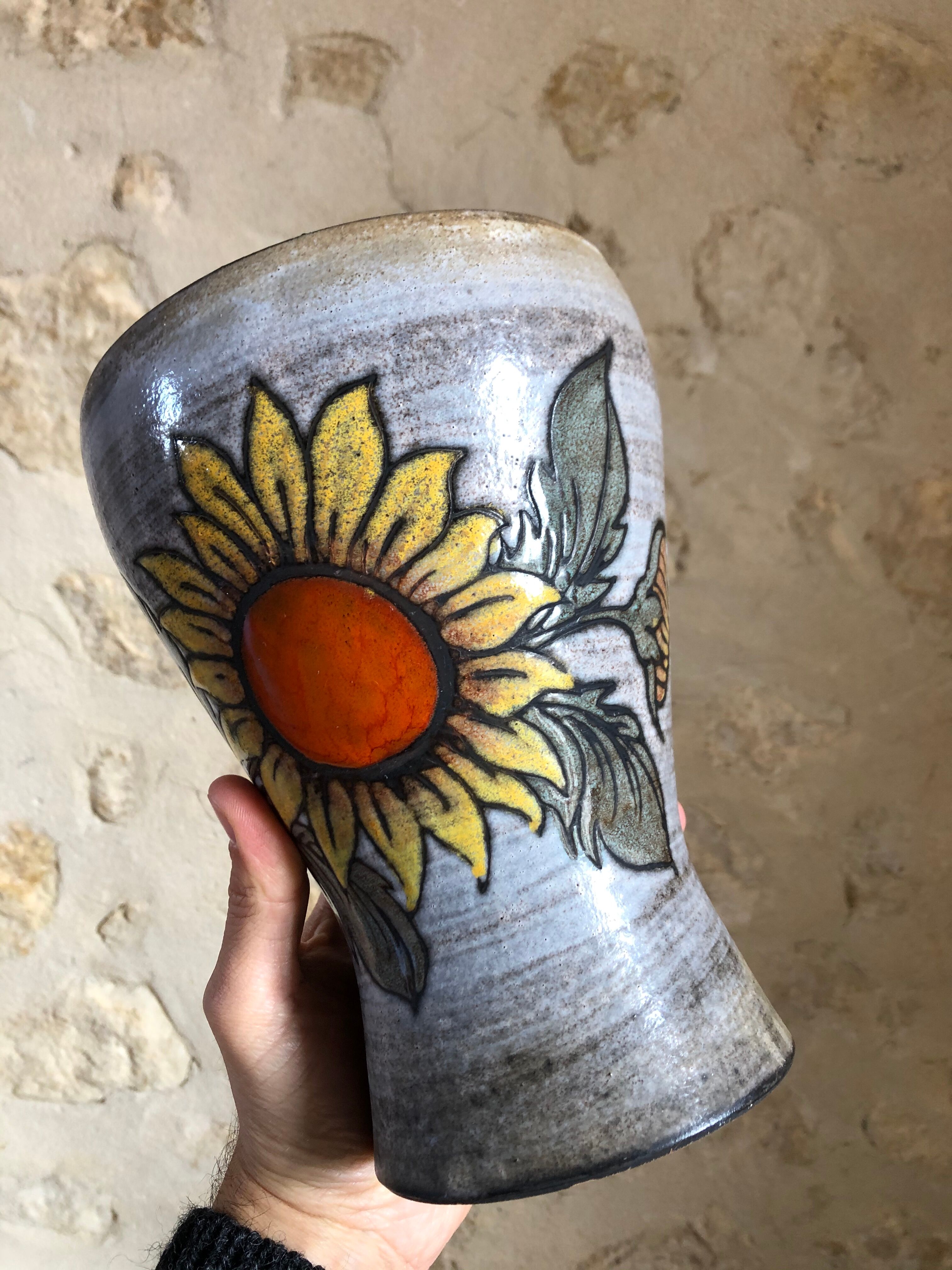 Sunflower vase signed Fonck and Matéo, Vallauris 60s