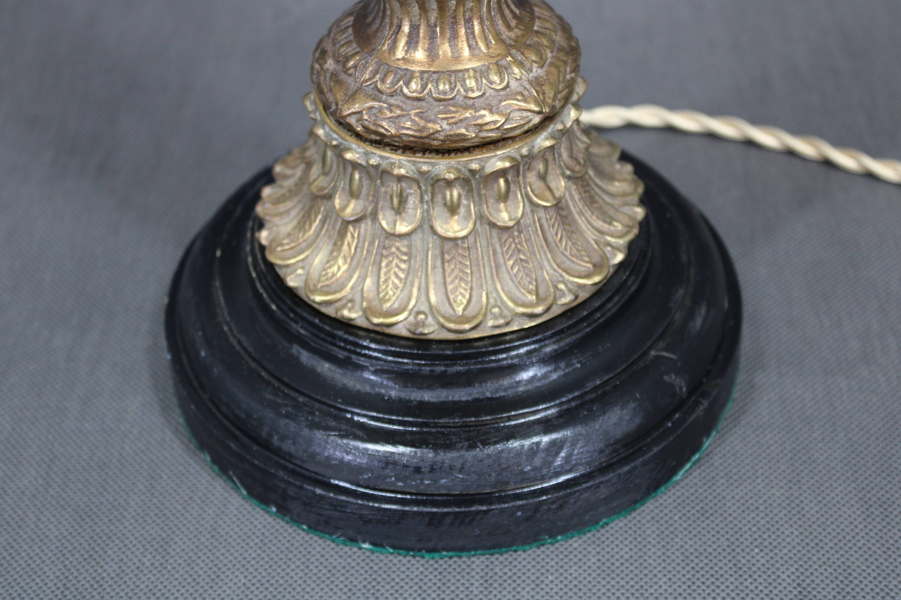 1940s restored brass table lamp with wooden base and glass shade