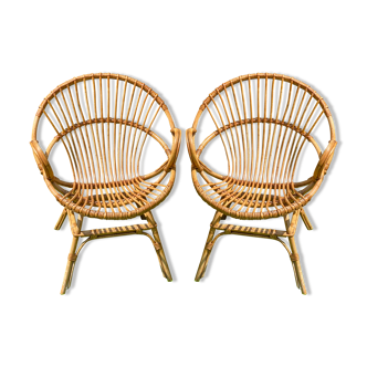 Pair of vintage basket rattan armchairs
