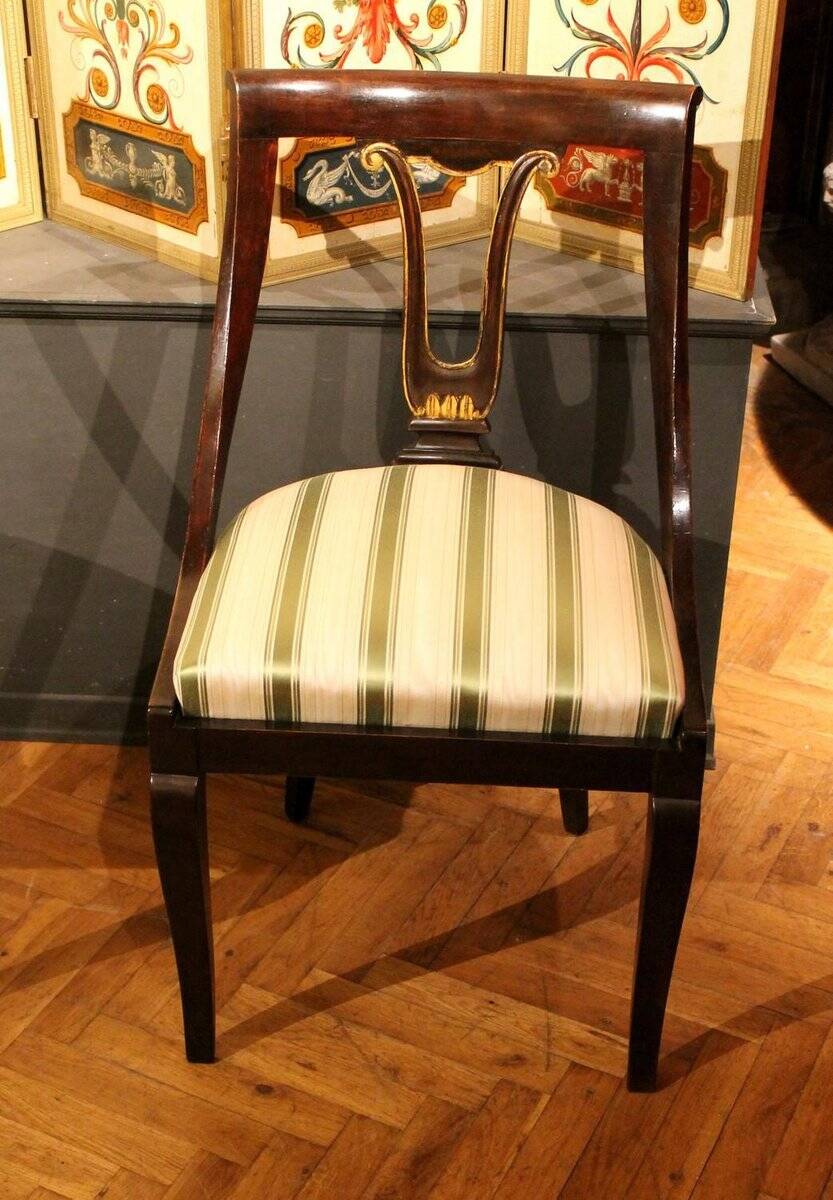 18th Century French Directoire Mahogany Chairs with Silk Blend Upholster Fabric, Set of 4