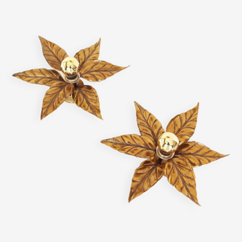 Pair of Vintage Hollywood Regency Brass Flower Wall Lights by Massive