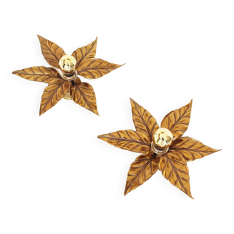 Pair of Vintage Hollywood Regency Brass Flower Wall Lights by Massive