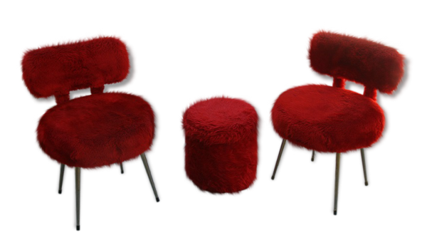 Lot 2 chaises et un pouf coffre moumoute rouge