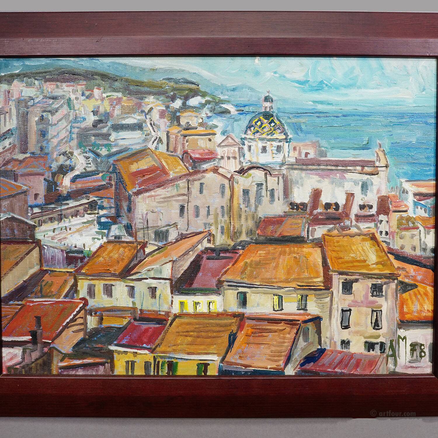 Oil painting by Alexander Michael of a coastal town in southern Italy, 1978.