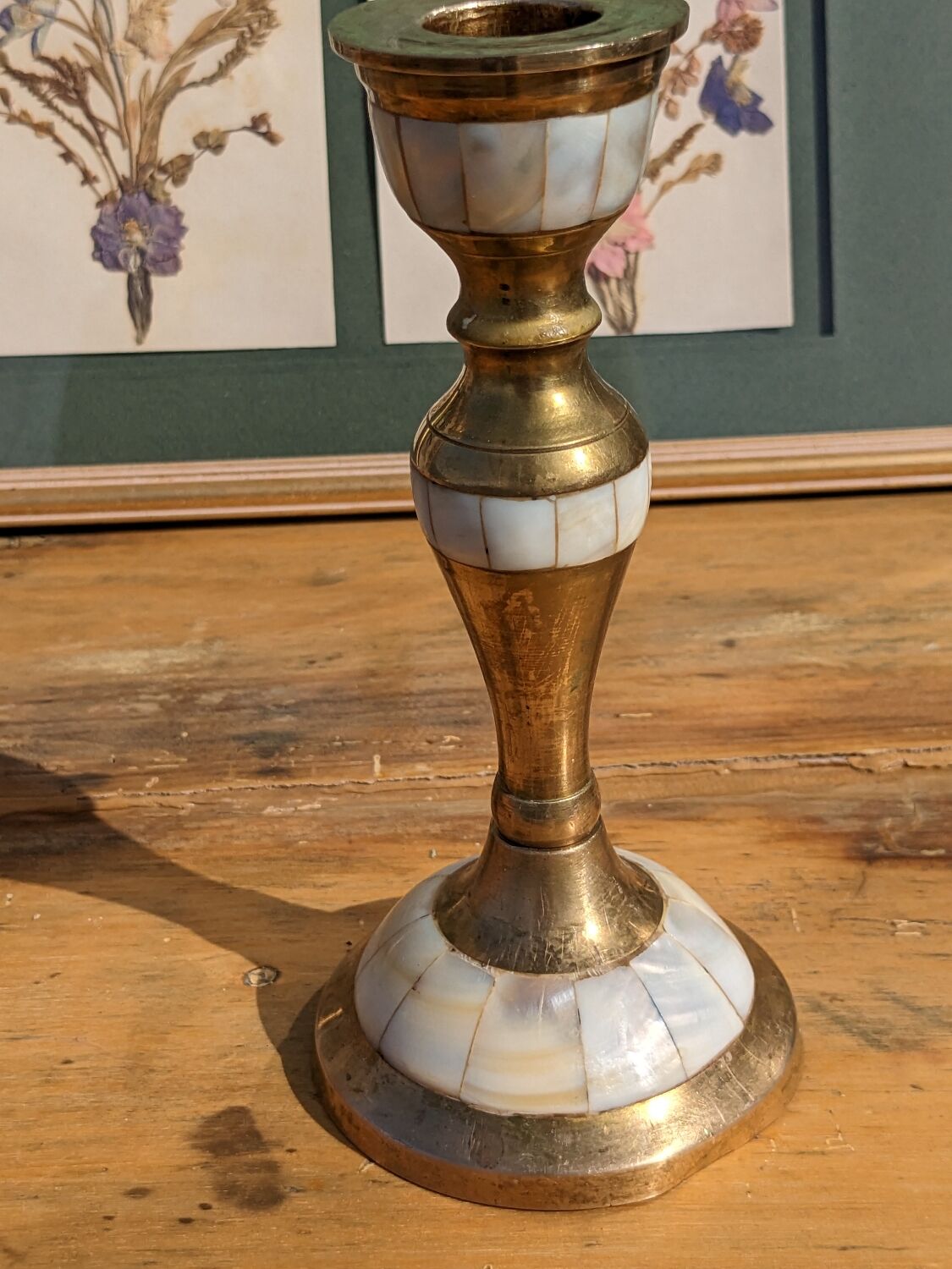 Brass and mother-of-pearl candle holder