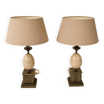 Set of 2 French marble egg and steel lamps, 1970s