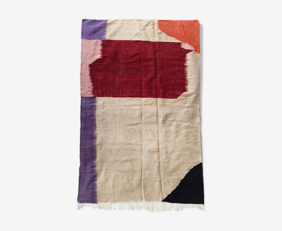 Tapis Kilim berbère marocain écru à aplats colorés 247x146cm