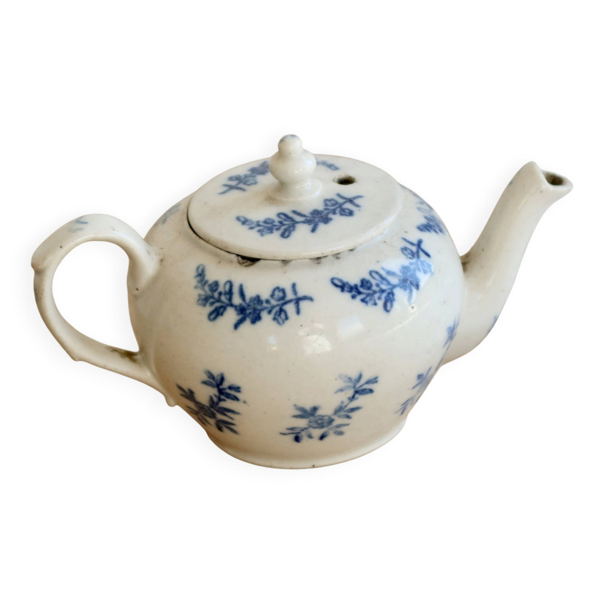 Antique teapot Saint-Uze steel clay with cobalt blue floral decoration.