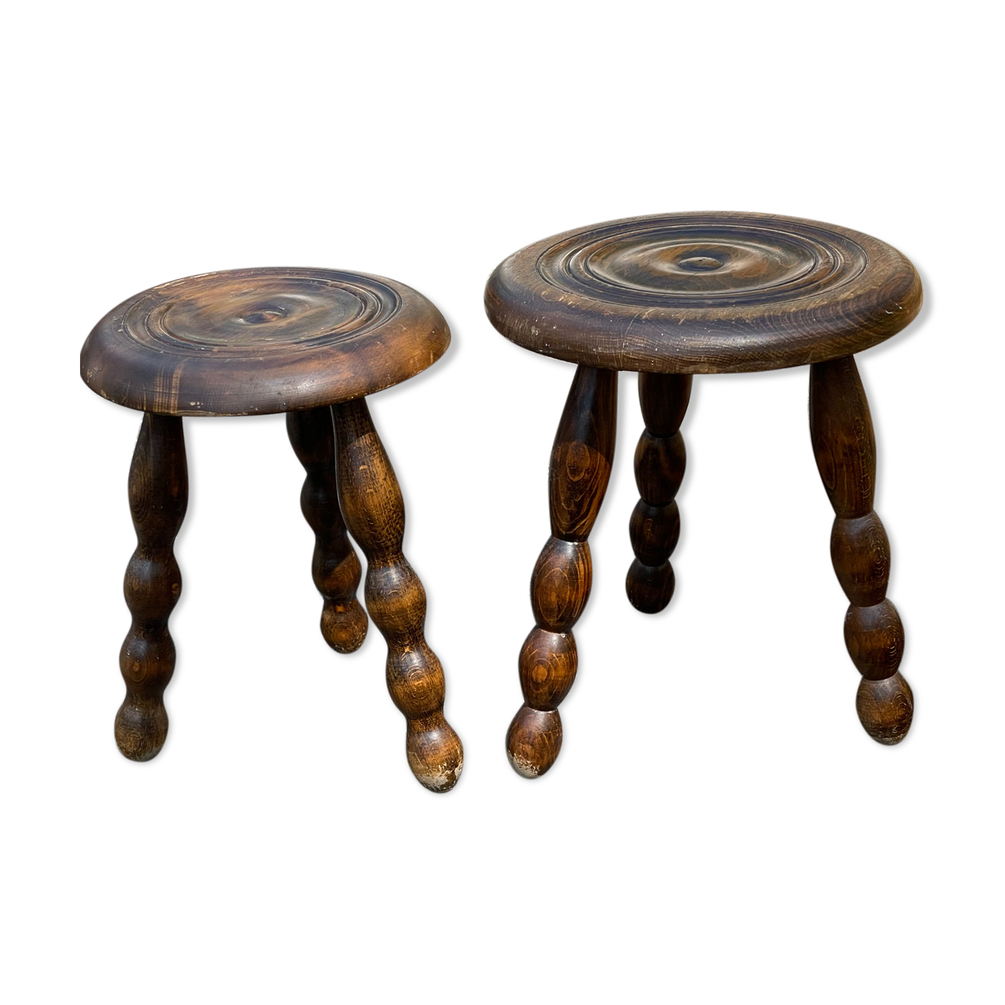 Duo of tripod oak stools