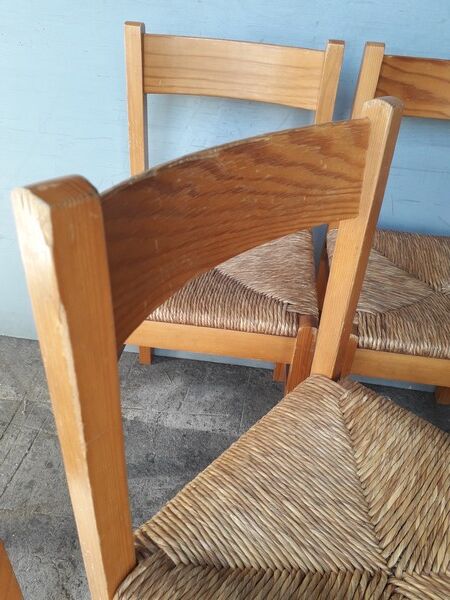 Set de 4 chaises estampillées design bois et paille epoque 1960/70
