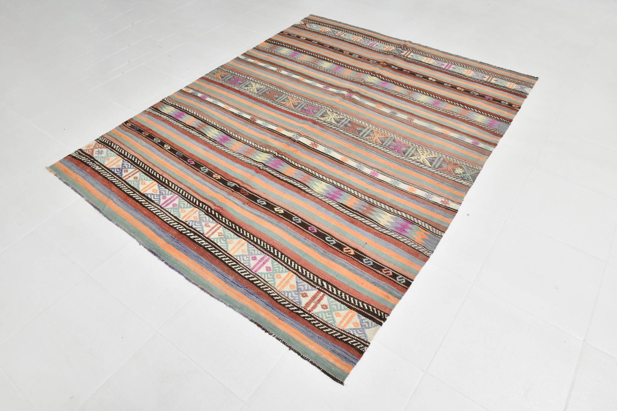 6x8 Ethnic Striped Green & Orange Kilim Rug, 176x230Cm