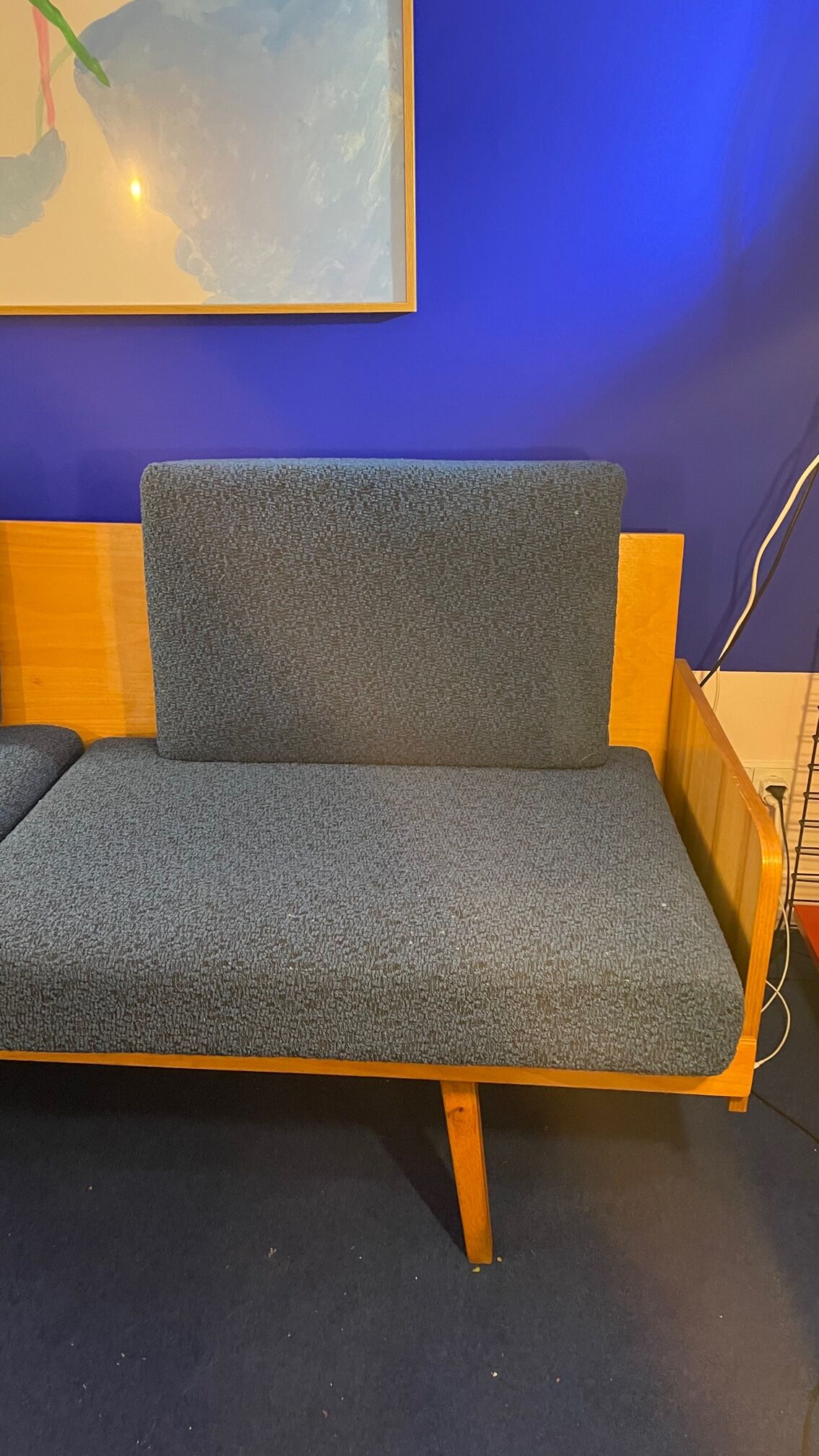 Compass leg sofa from the 60s in wood and vintage fabric