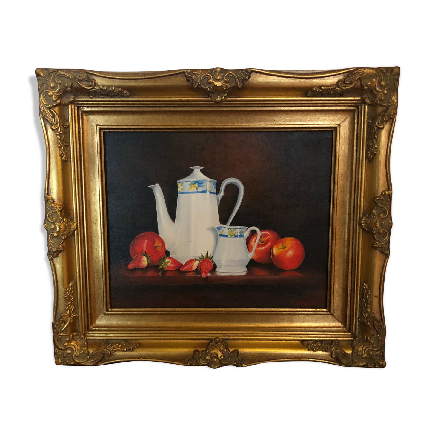 Oil on canvas: still life with apples, strawberries and tea service
