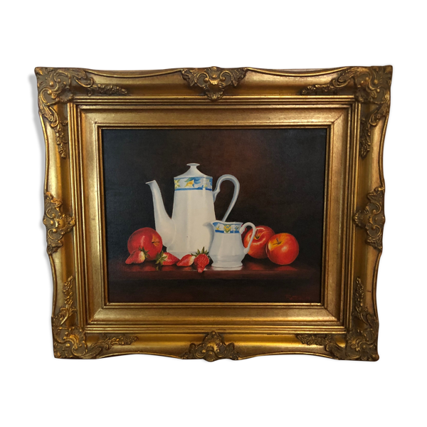 Huile sur toile nature morte aux pommes fraises et service à thé