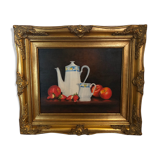 Oil on canvas: still life with apples, strawberries and tea service