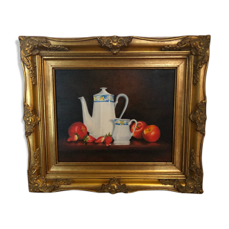 Oil on canvas: still life with apples, strawberries and tea service