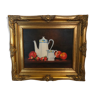 Oil on canvas: still life with apples, strawberries and tea service