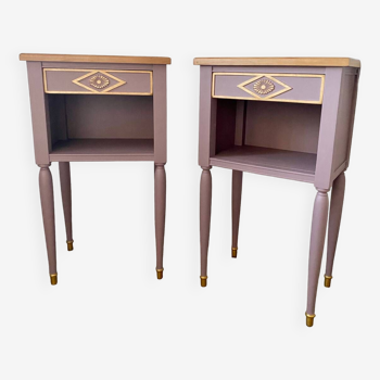 Pair of pink, wood and gold revamped bedside tables