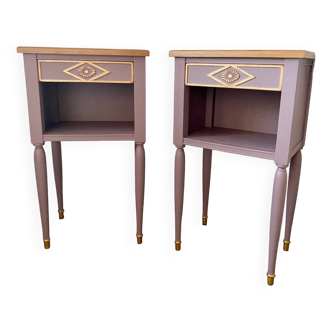 Pair of pink, wood and gold revamped bedside tables