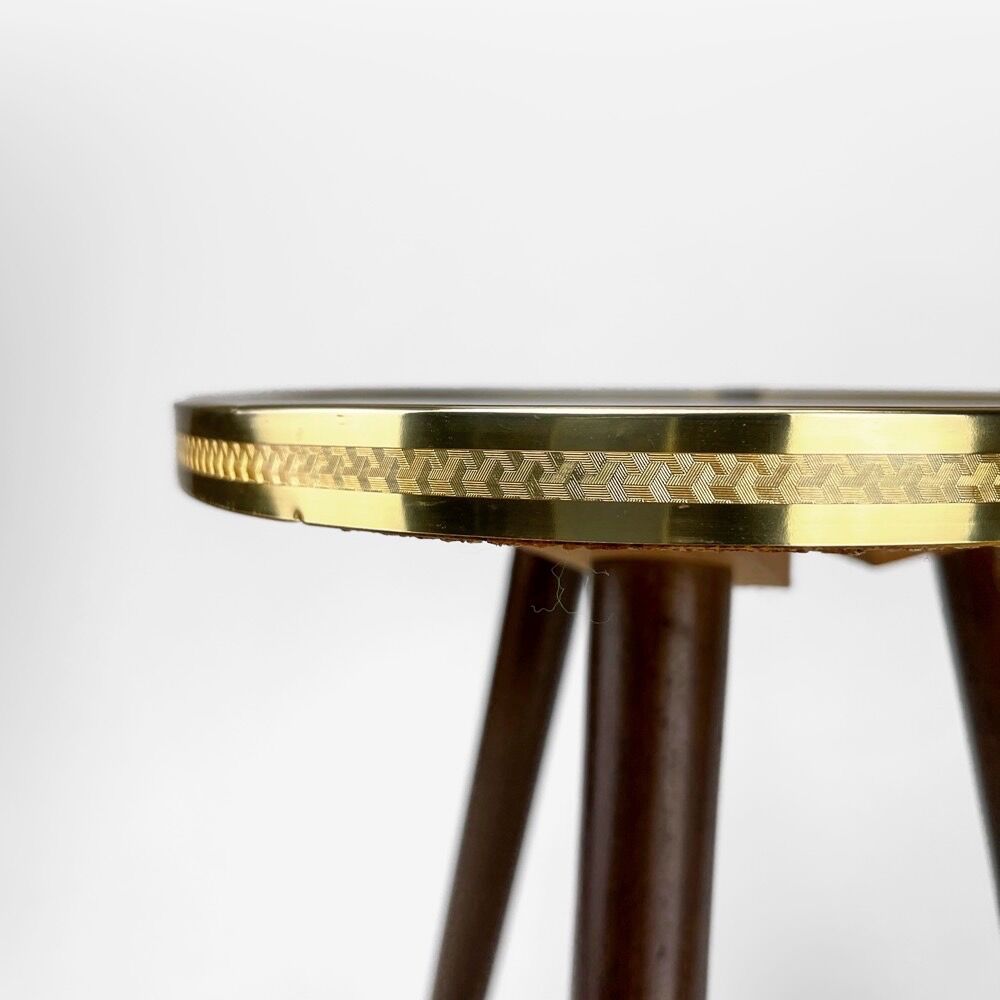 Pedestal table tripod glass wood and brass graphic patterns 50s
