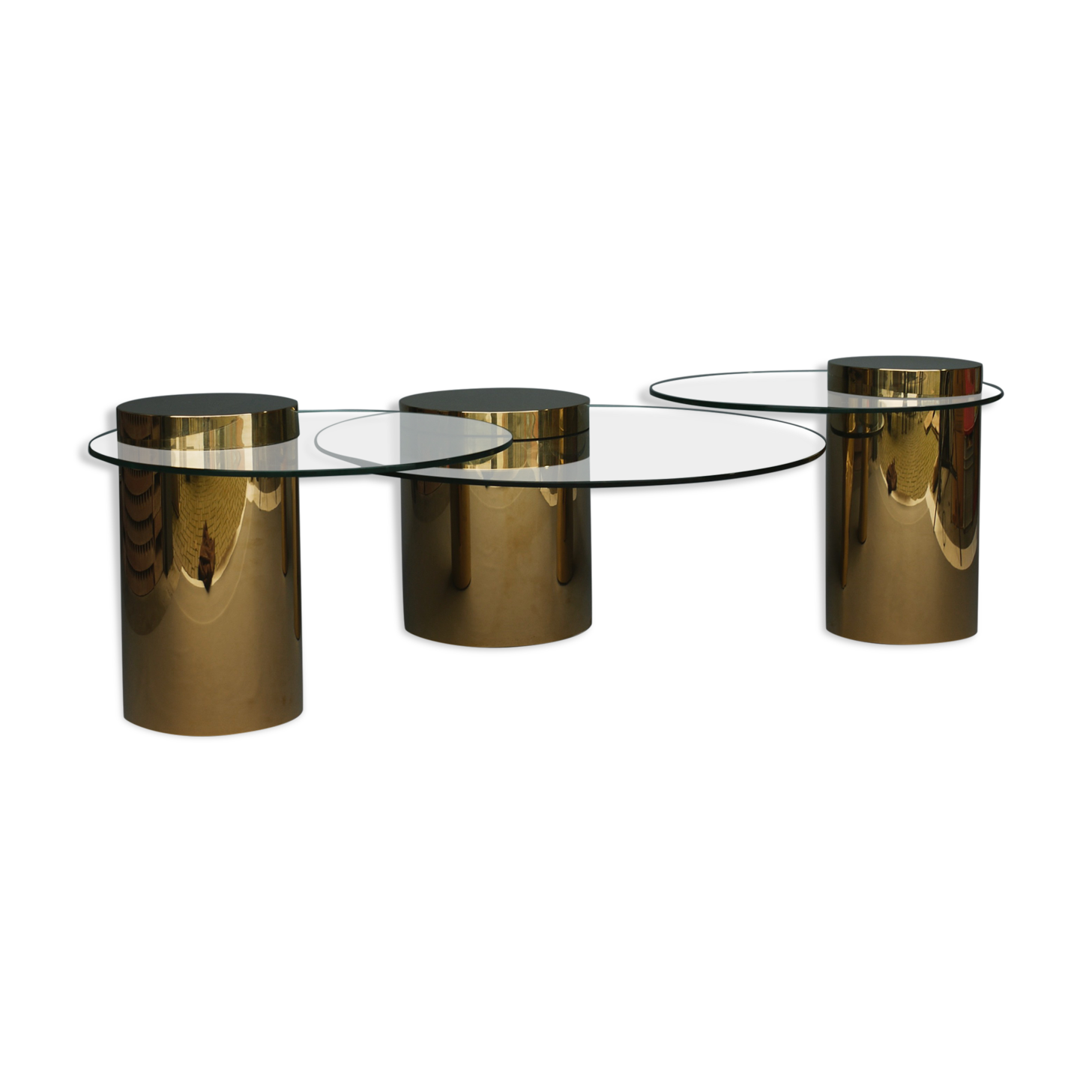 Polished Brass and Glass Low Tables. 2000s. Set of 3