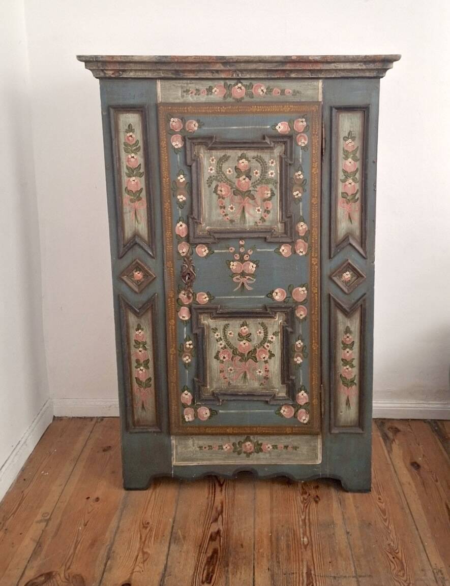 Antique blue hand-painted small Alpine wardrobe, circa 1810-20