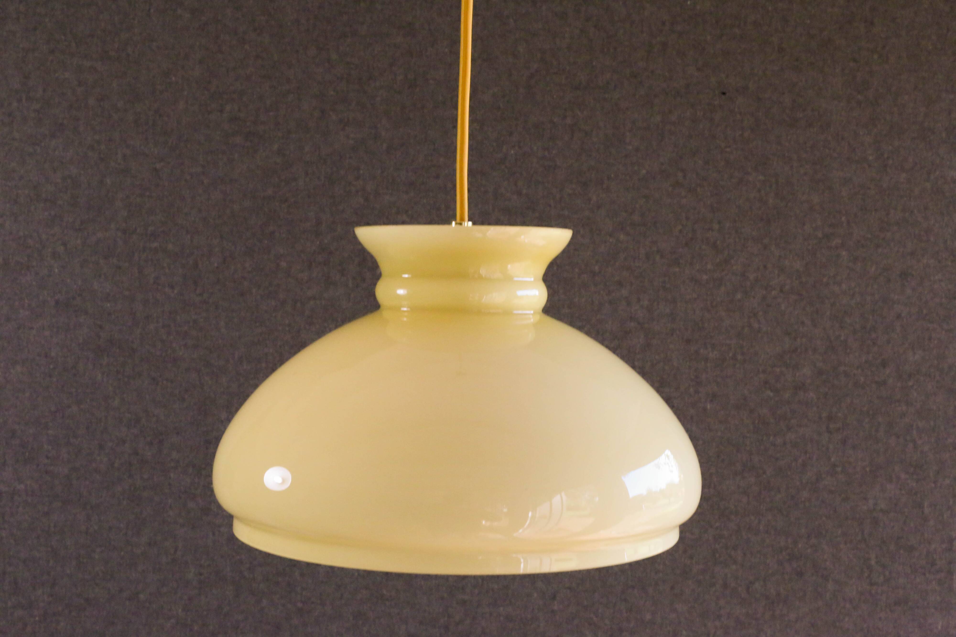 Old pendant light in pale young glass - mounted with cable and new socket