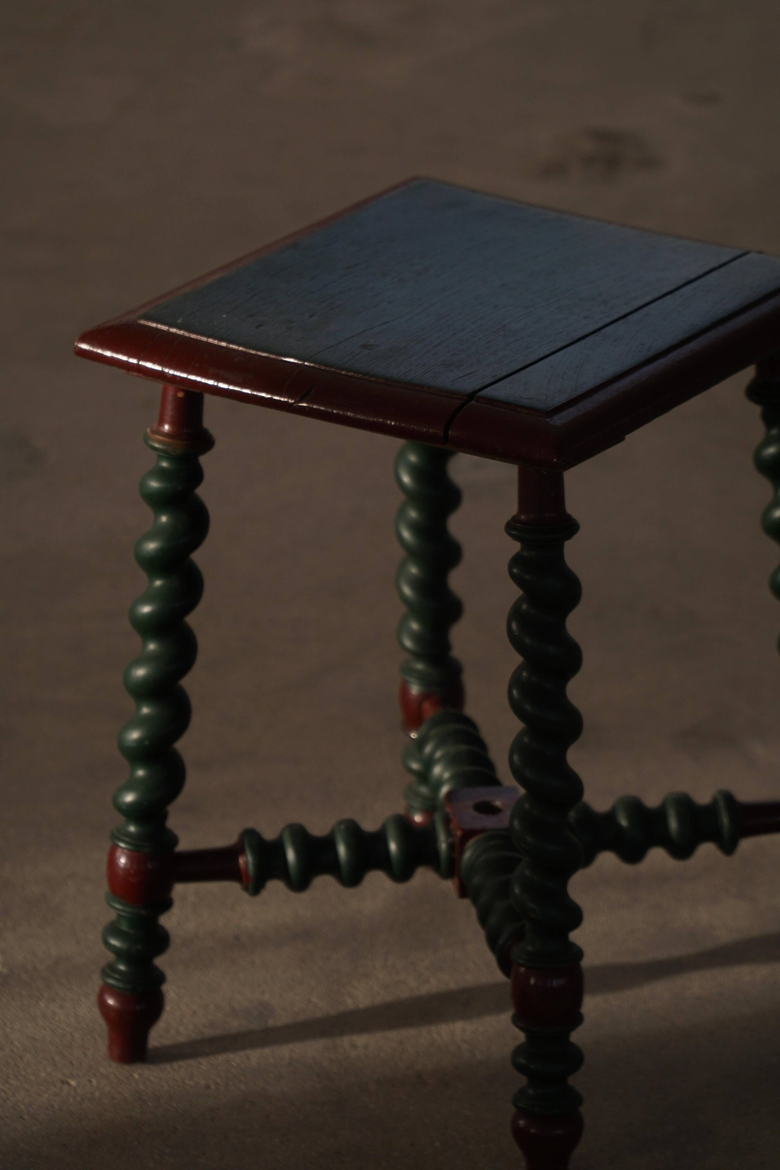 Vintage Scandinavian Stool Painted in Dark Green and Dark Red Wood, Folk Style, 1940s