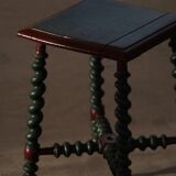 Vintage Scandinavian Stool Painted in Dark Green and Dark Red Wood, Folk Style, 1940s