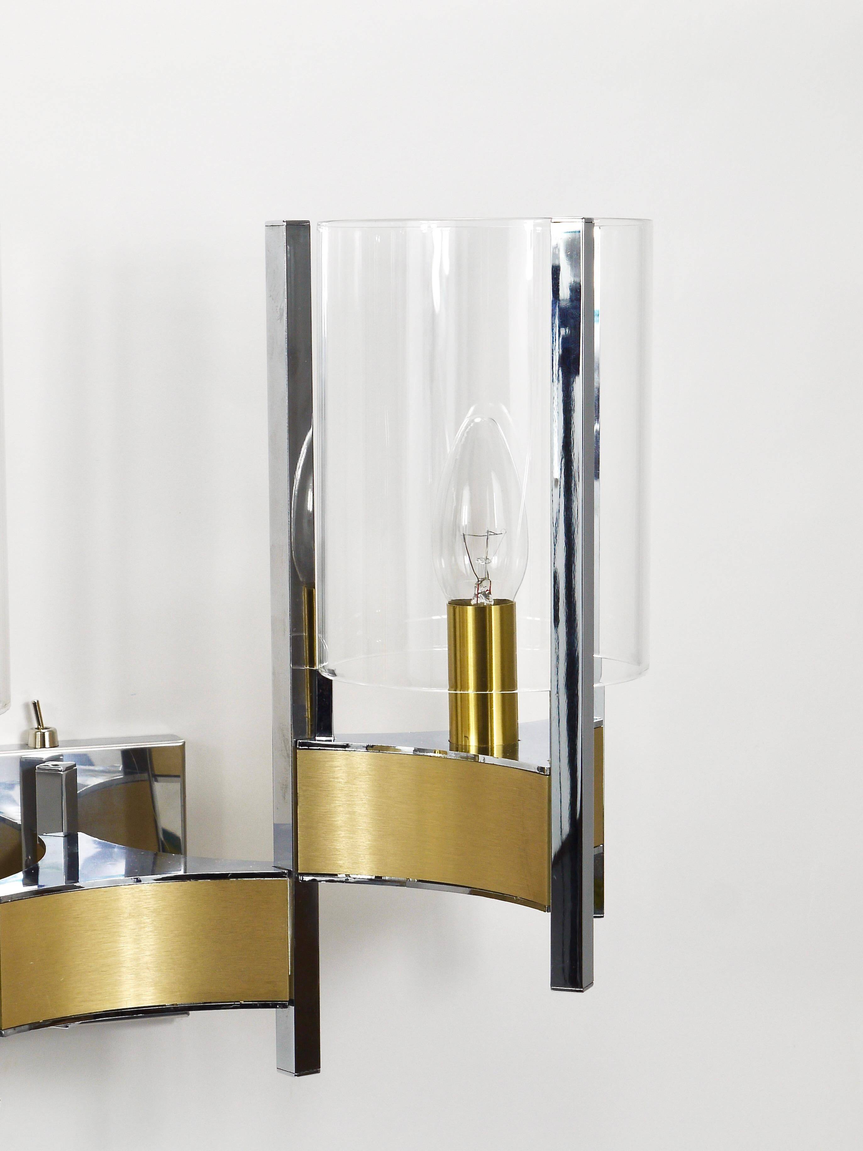 Gaetano Sciolari Large Wall Sconces / Sconces, Chrome, Brass, Glass, 1970s