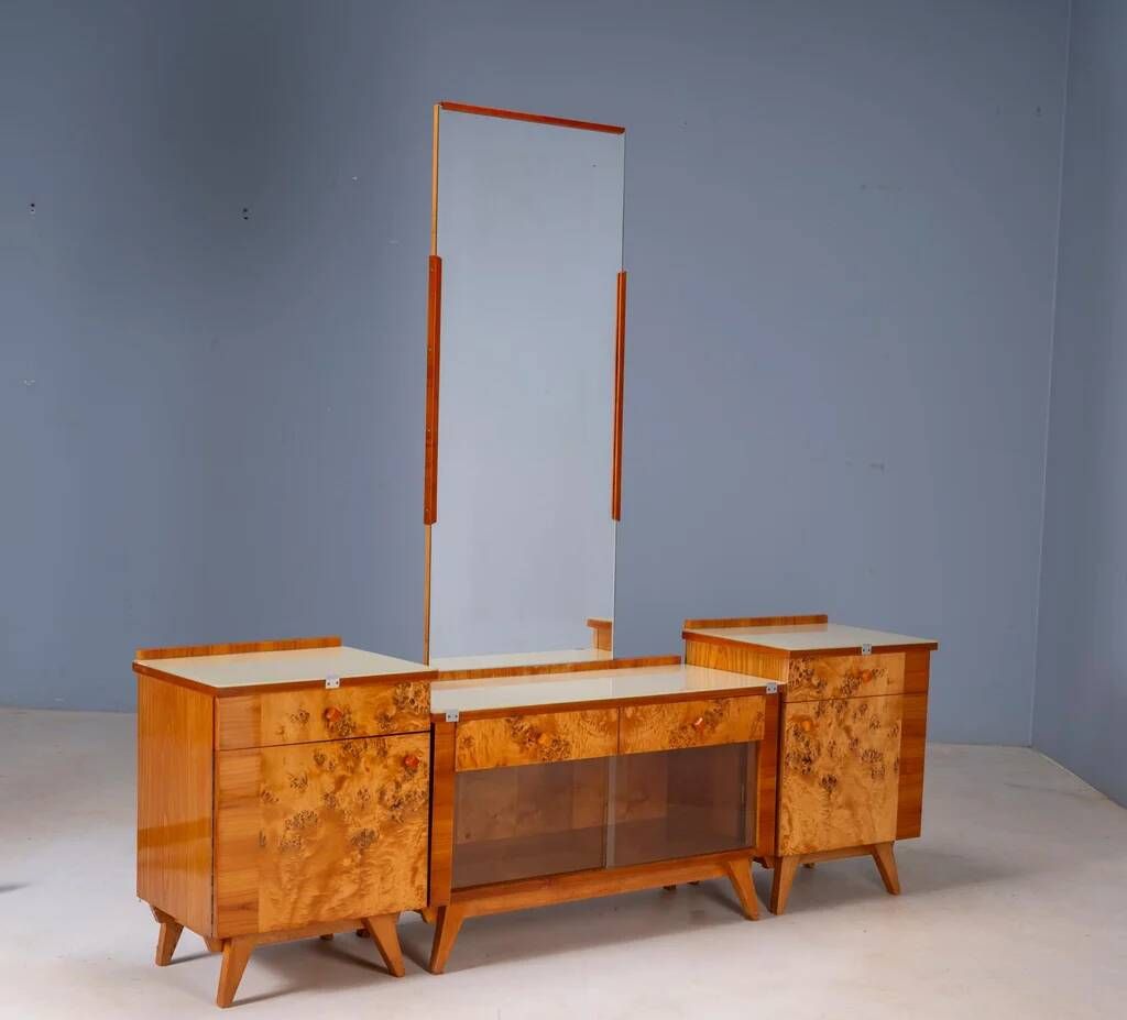 Vintage dressing table with burl veneer, large mirror and storage cabinets