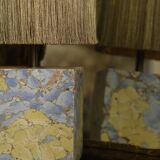 Base stuck blue beige marble-plaster, fringed lampshade Houles, 21st century.