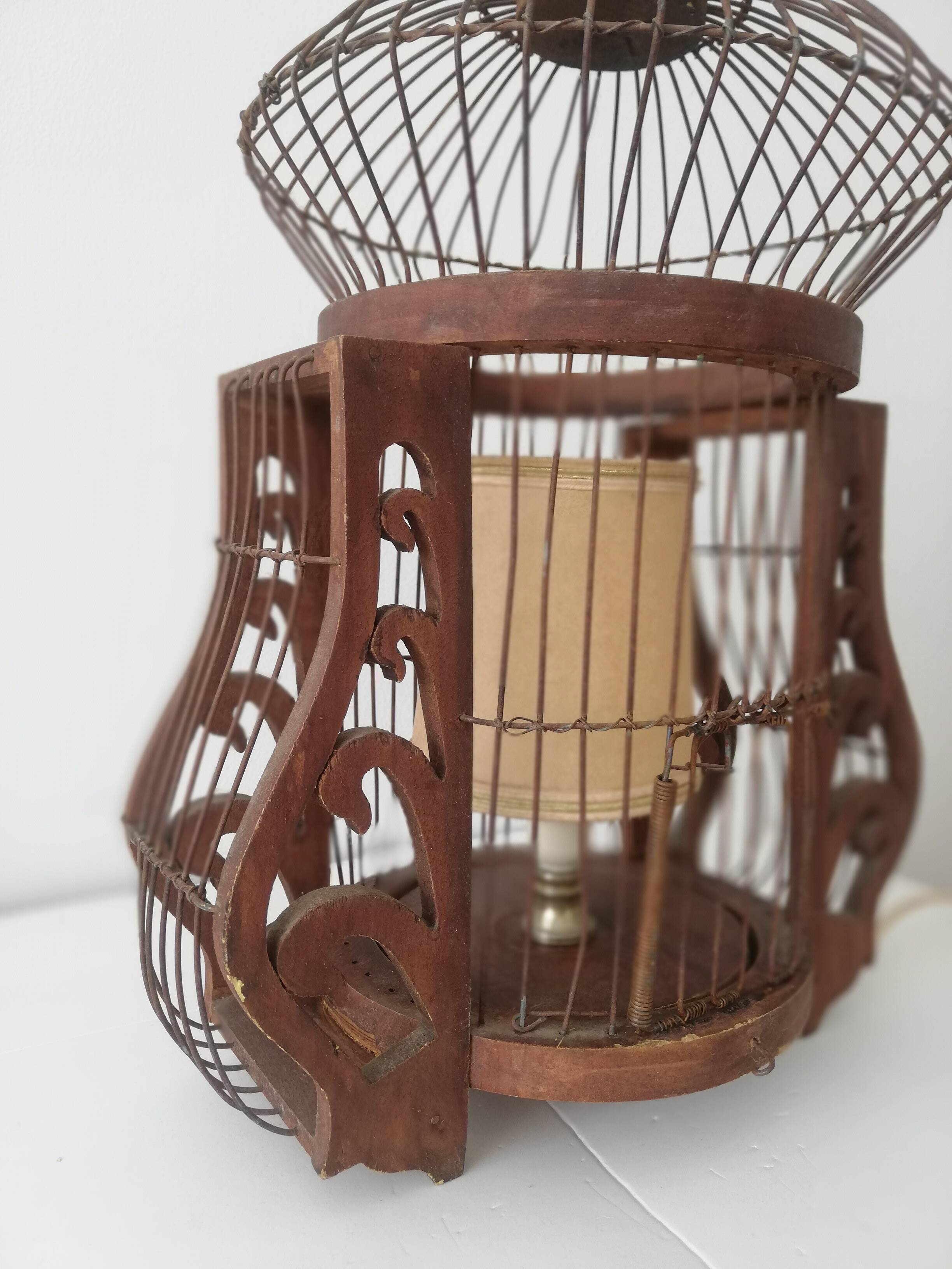 Antique wooden birdcage table lamp light bird home vintage