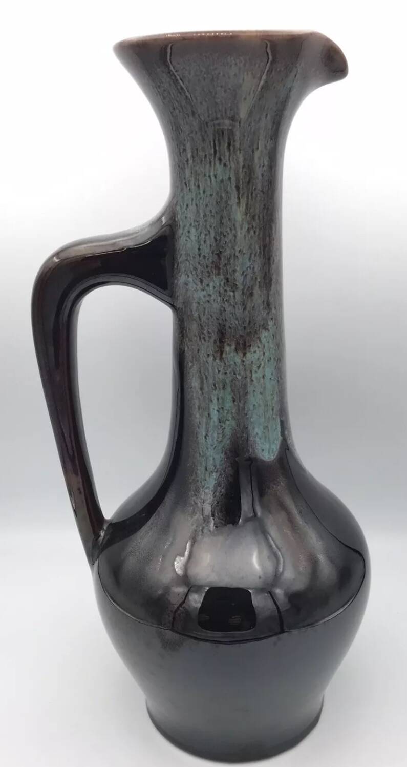 Large vase in glazed ceramic stoneware flamed effect brown and turquoise 35.5 cm