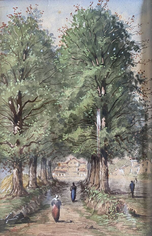 Tableau Aquarelle XIX° ''Le chemin de la ferme - Nivernais'' & cadre