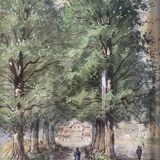 Tableau Aquarelle XIX° "Le chemin de la ferme - Nivernais" & cadre