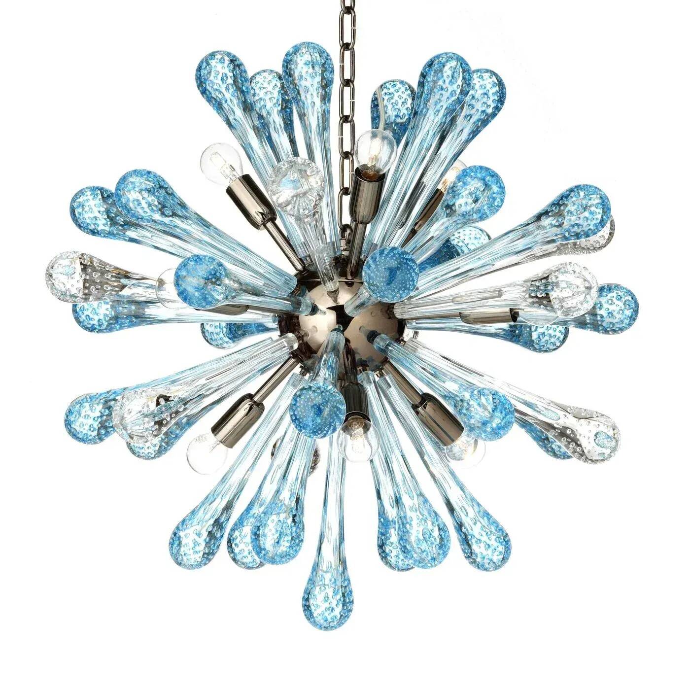 Murano Glass Sputnik Chandelier Featuring Light Blue and Clear Air Drops