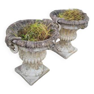 Pair of planter vases decorated with faces in reconstituted stone 1950s