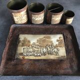 Old OFFICE kit Brass and LEATHER, 1 Tray with 4 Pots decoration HUNTING to RUN