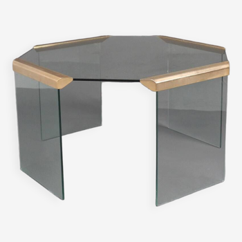 Hexagon glass and brass coffee table from gallotti & radice, 1970s