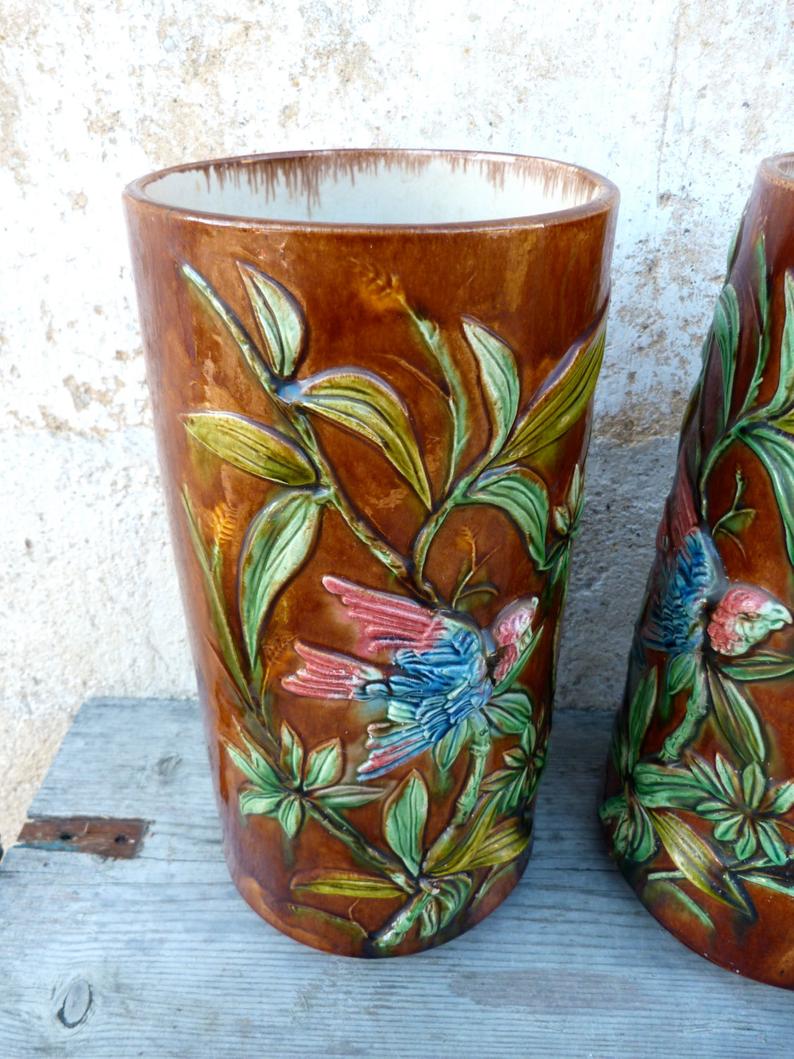 Pair of Palissy style vases school tours reliefs parrots