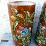 Pair of Palissy style vases school tours reliefs parrots