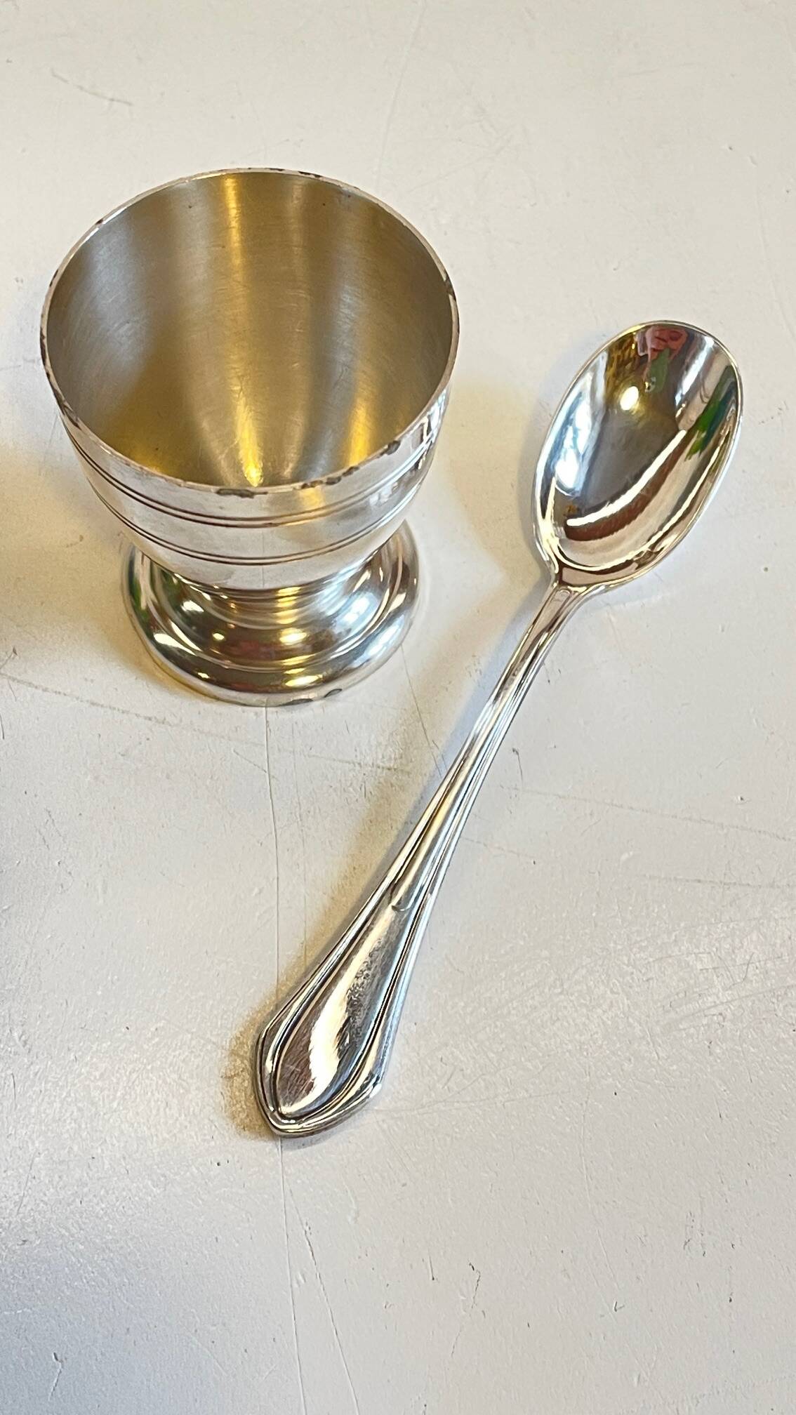 Vintage Silver-Plated Metal Egg Cup and Spoon for Birth