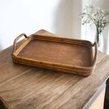 Vintage wooden and rattan tray with bamboo handle, bohemian style, wabi sabi, year