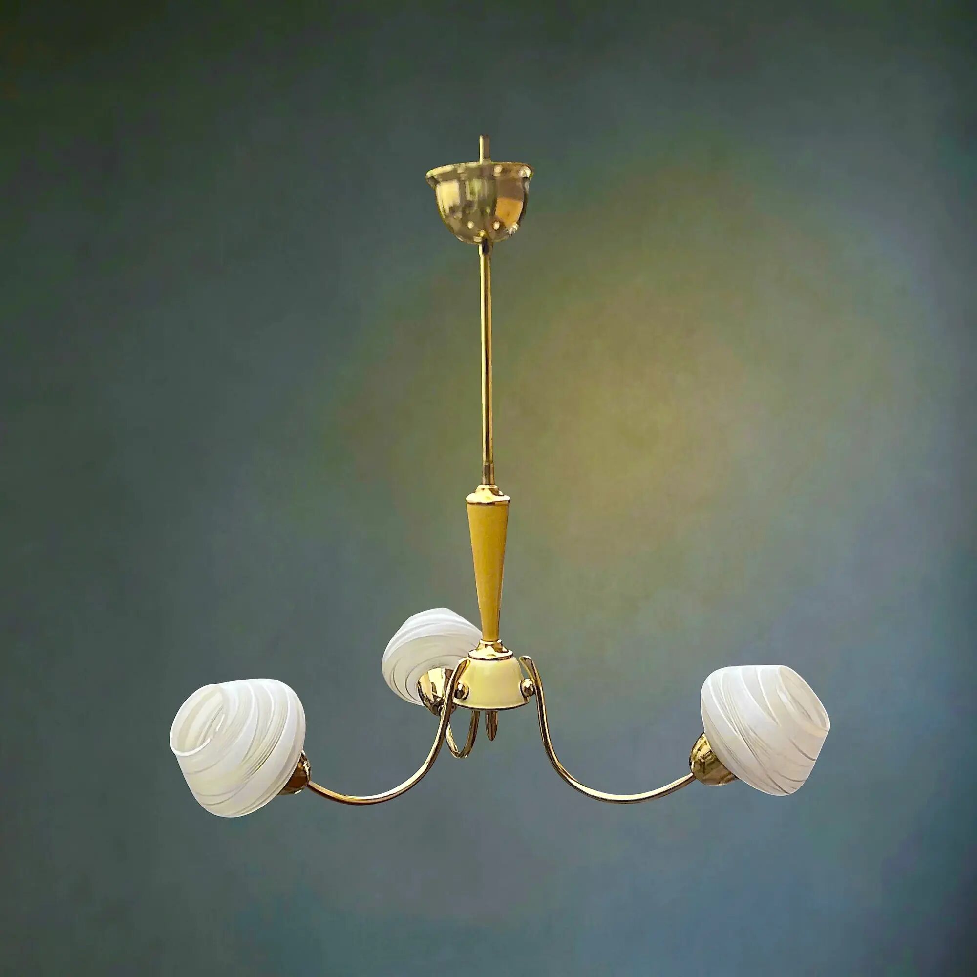Three-light chandelier in brass and striated opaline glass – 1950s-60s