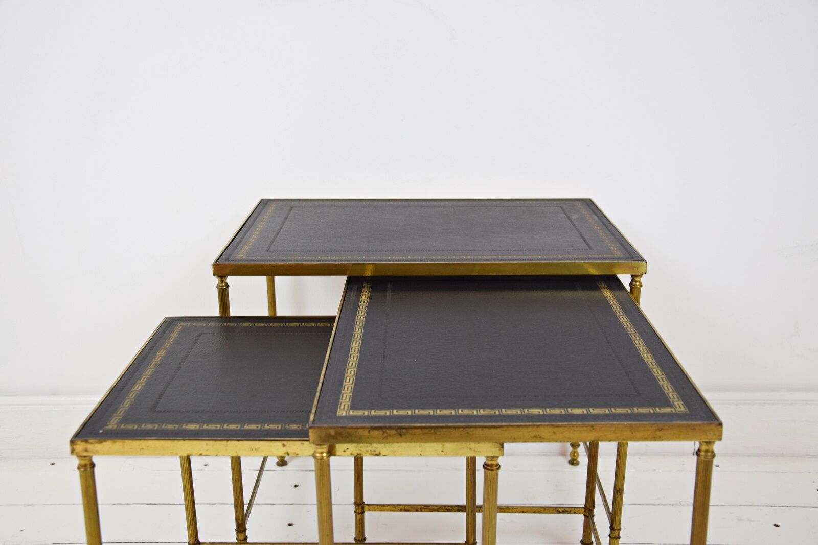 Brass and skaï side tables, 1950s