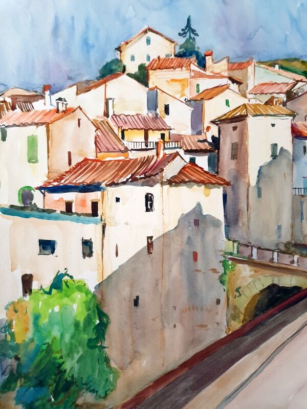 André Duculty (1912-1990) Watercolor on paper "Mediterranean Landscape" Monogrammed lower right