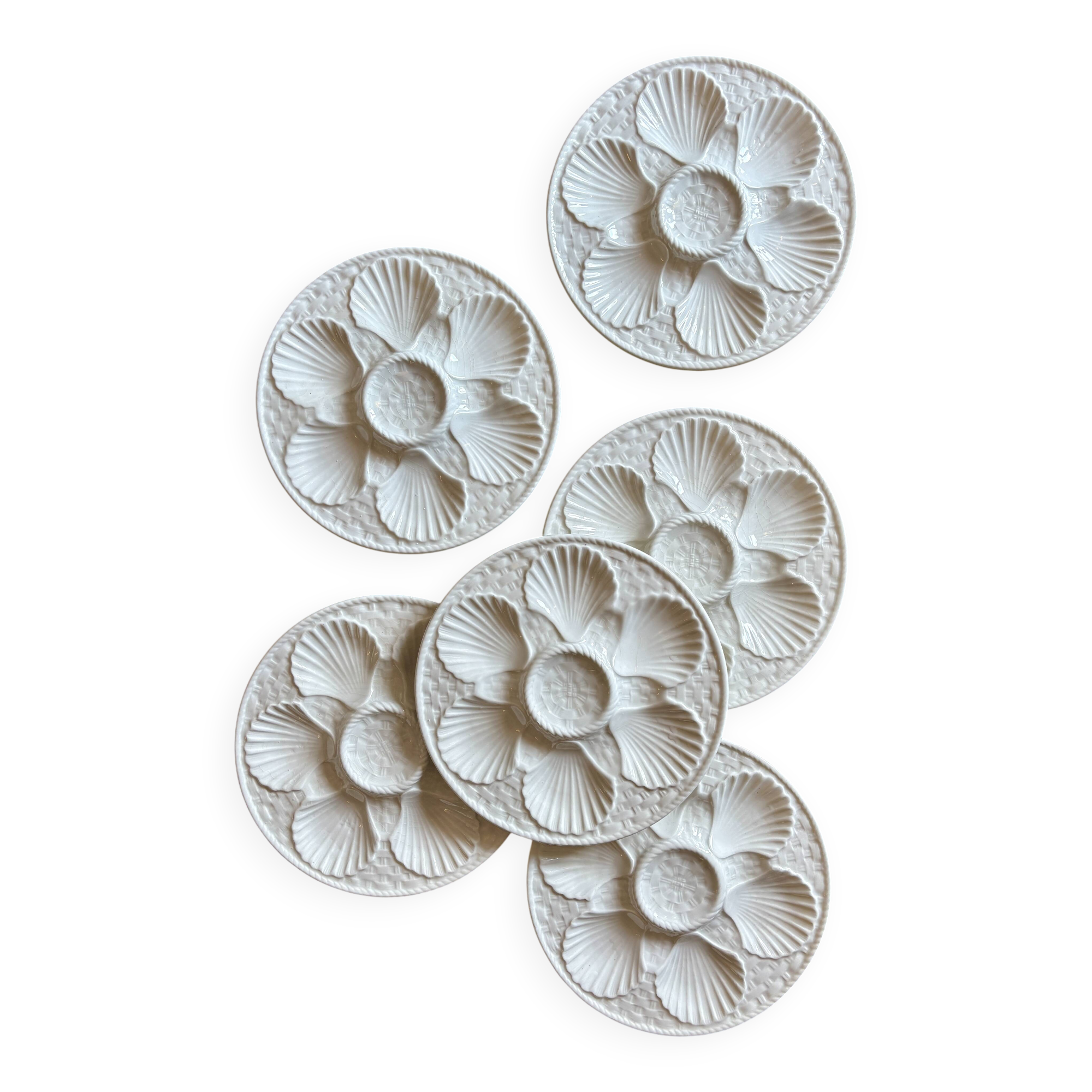 Lot de 6 assiettes à huîtres vintage en céramique blanche - Longchamp