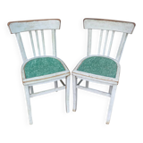 Pair of antique luterma bistro chairs in grey wood + green seat vintage