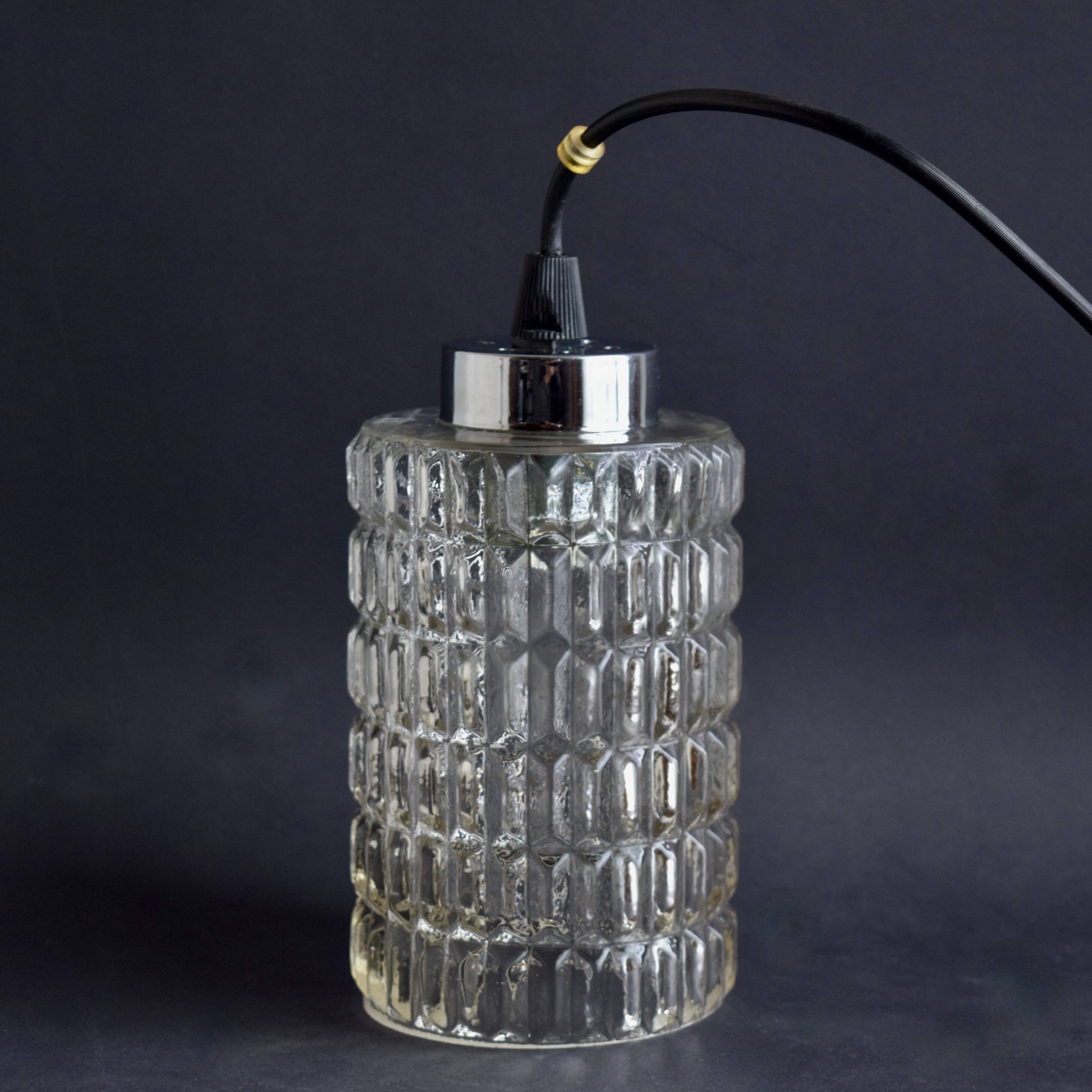 Vintage pendant light in textured molded glass and chrome metal